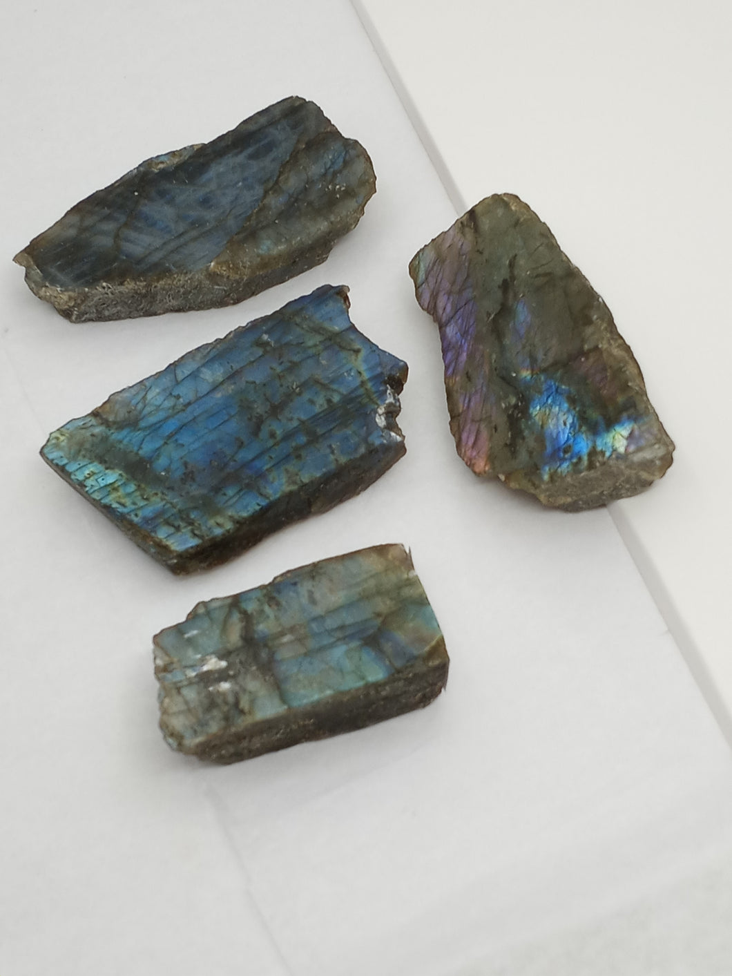 Labradorite polished face slab featuring four stones displaying iridescent colors on a smooth surface.